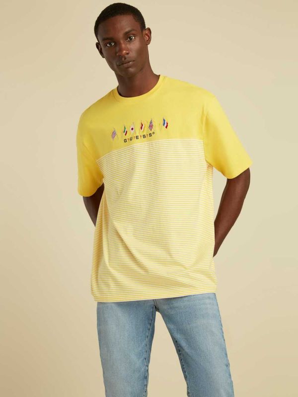 Yellow Men's Guess Striped Summer Games T-shirt Australia Sale | 375FKCWYU