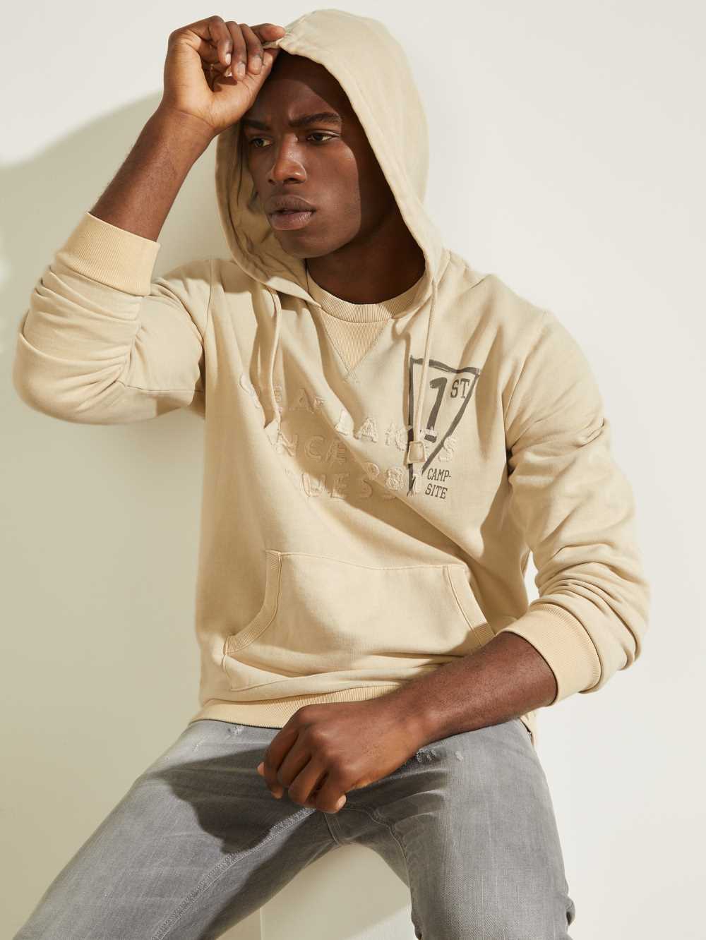 Beige Men's Guess Eco Murray Logo Hoodie Australia Sale | 460AMEKYJ