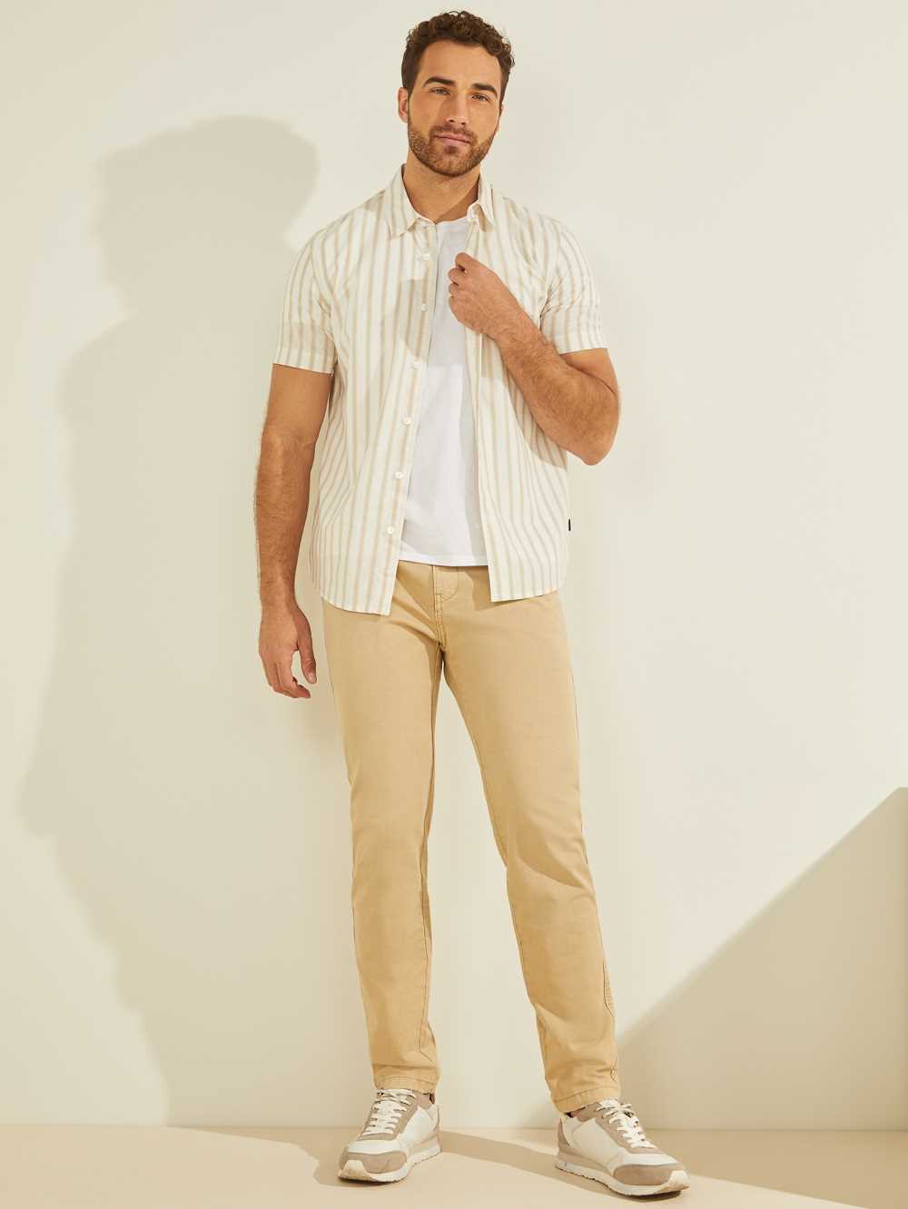 Beige Men's Guess Falls Striped Shirts Australia Sale | 980ITVGDY