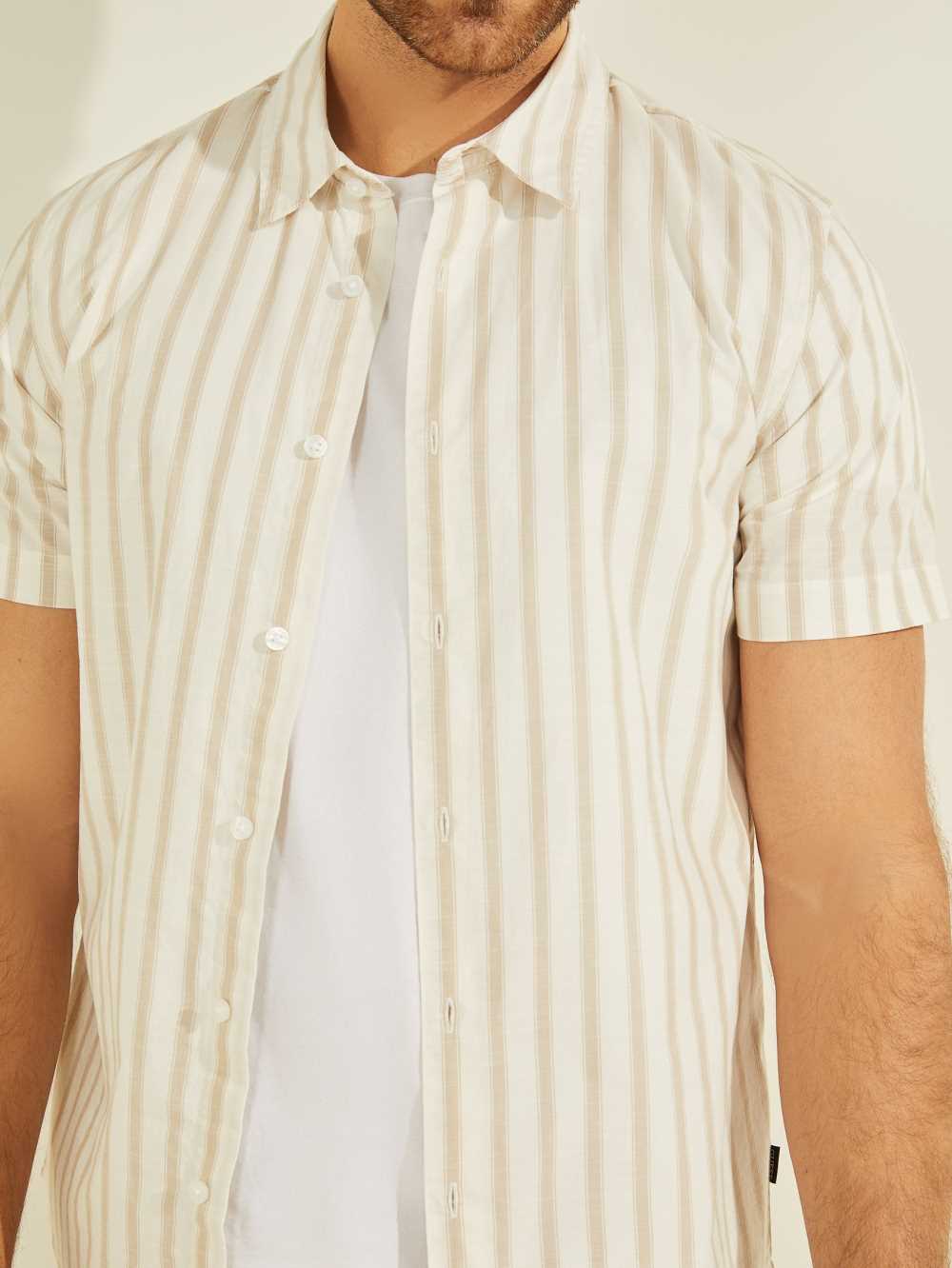 Beige Men's Guess Falls Striped Shirts Australia Sale | 980ITVGDY