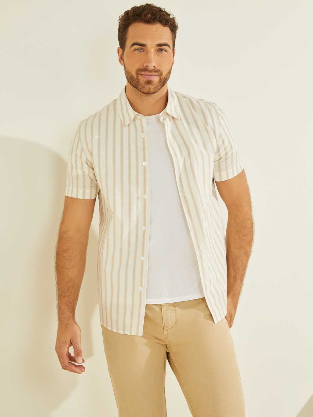 Beige Men\'s Guess Falls Striped Shirts Australia Sale | 980ITVGDY