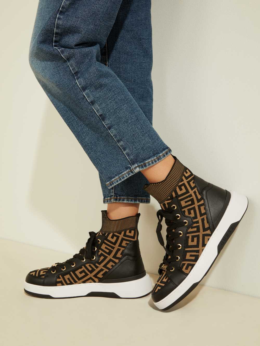 Black Brown Women's Guess Manney Knit Logo High-Top Sneakers Australia Sale | 498CSXONT