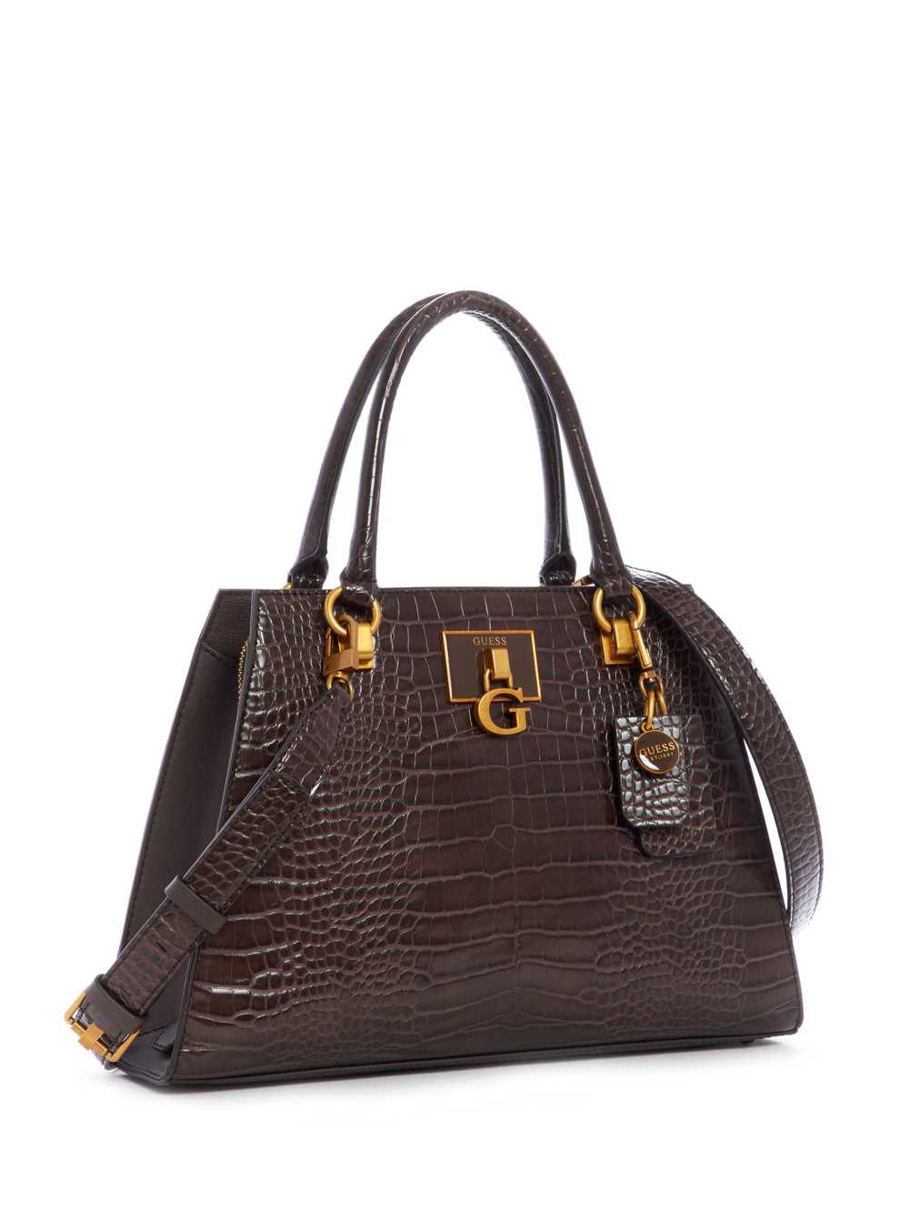 Black Brown Women's Guess Stephi Croc Girlfriend Satchel Bags Australia Sale | 875HPYAIW