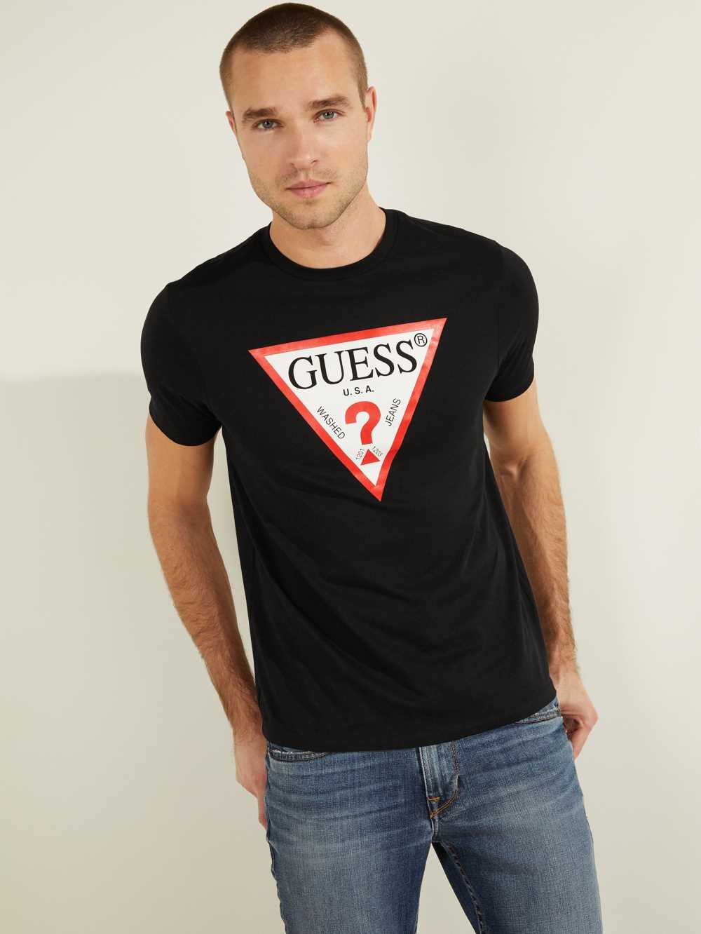 Black Men\'s Guess Classic Logo T-shirt Australia Sale | 031EVOCTW