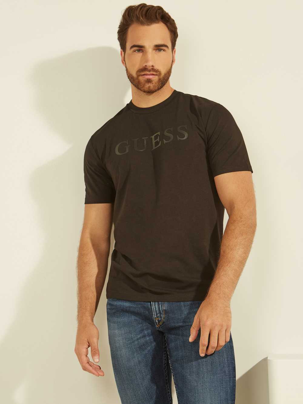 Black Men\'s Guess Eco Alphy T-shirt Australia Sale | 820IKPFLB