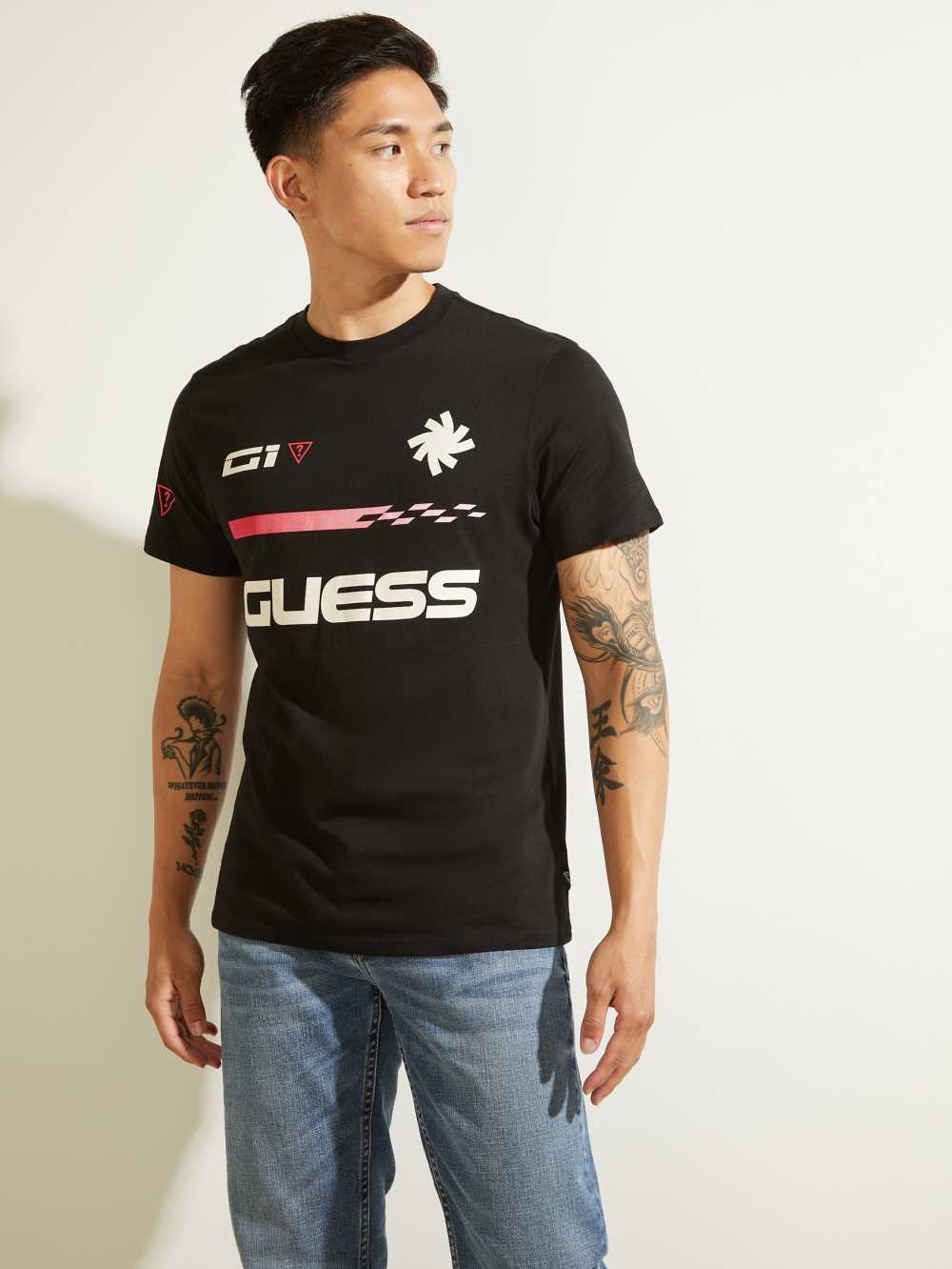 Black Men\'s Guess Eco Racer Logo T-shirt Australia Sale | 371JNCMAH