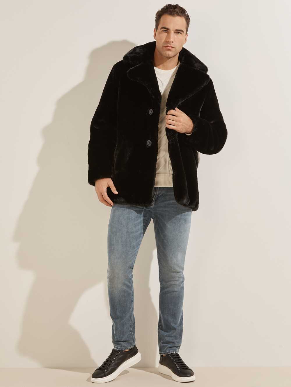 Black Men's Guess Faux-Fur Coats Australia Sale | 041WHXBDU