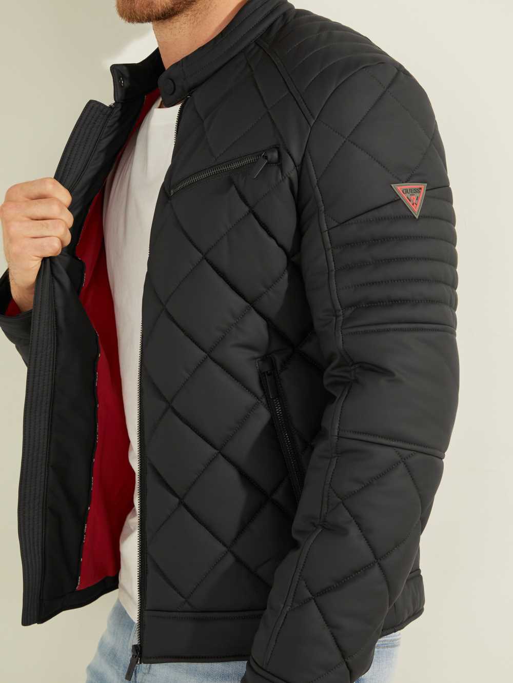 Black Men's Guess Faux-Leather Quilted Moto Jackets Australia Sale | 138WCEJZT