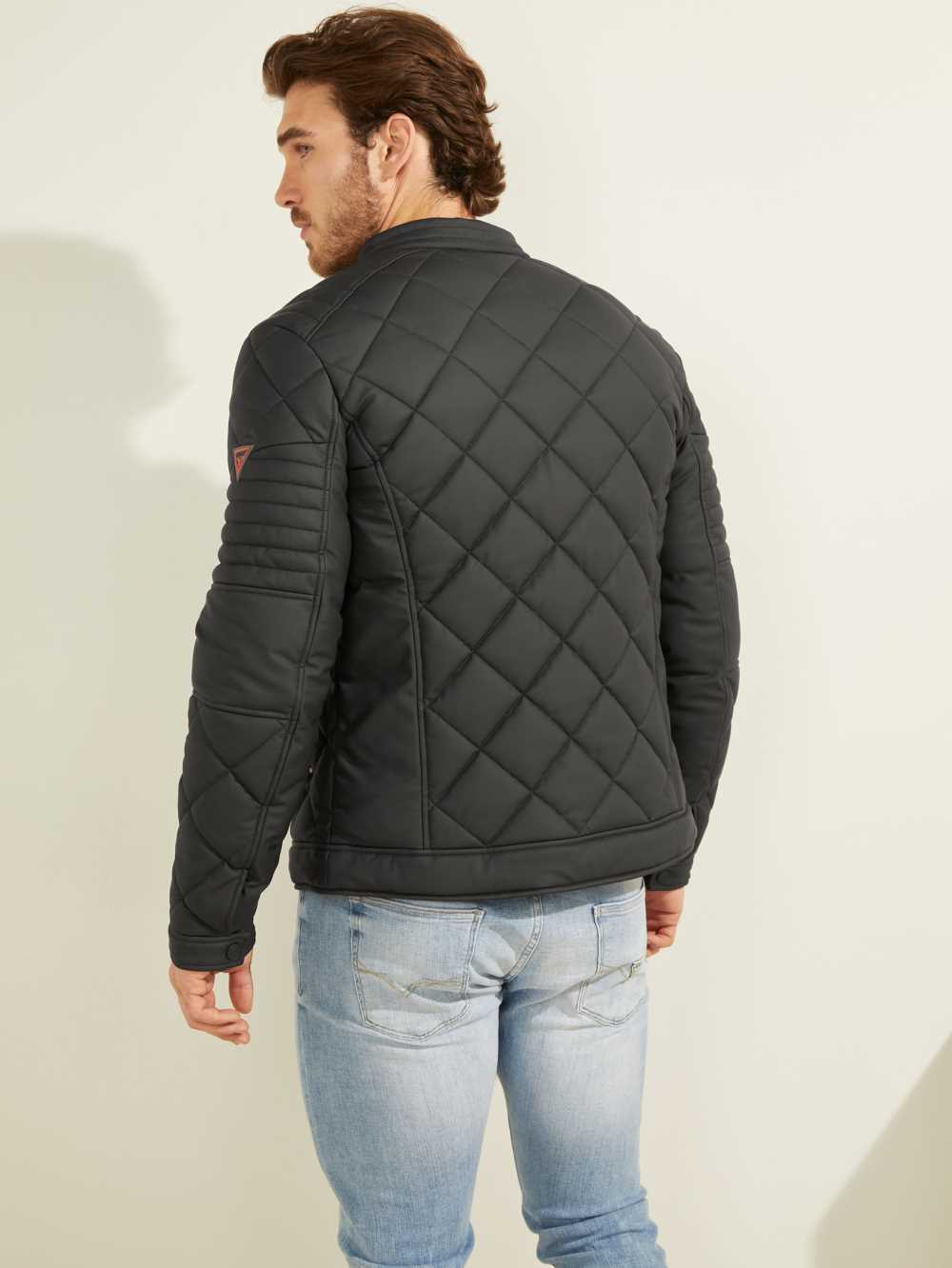 Black Men's Guess Faux-Leather Quilted Moto Jackets Australia Sale | 138WCEJZT