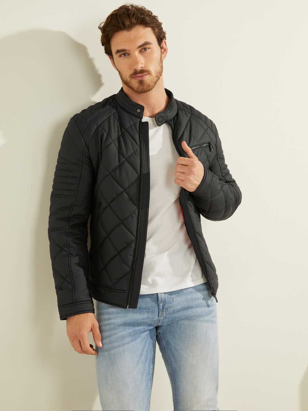 Black Men\'s Guess Faux-Leather Quilted Moto Jackets Australia Sale | 138WCEJZT