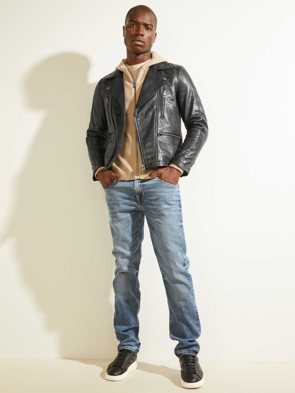 Black Men's Guess Leather Biker Jackets Australia Sale | 318MOPZBU