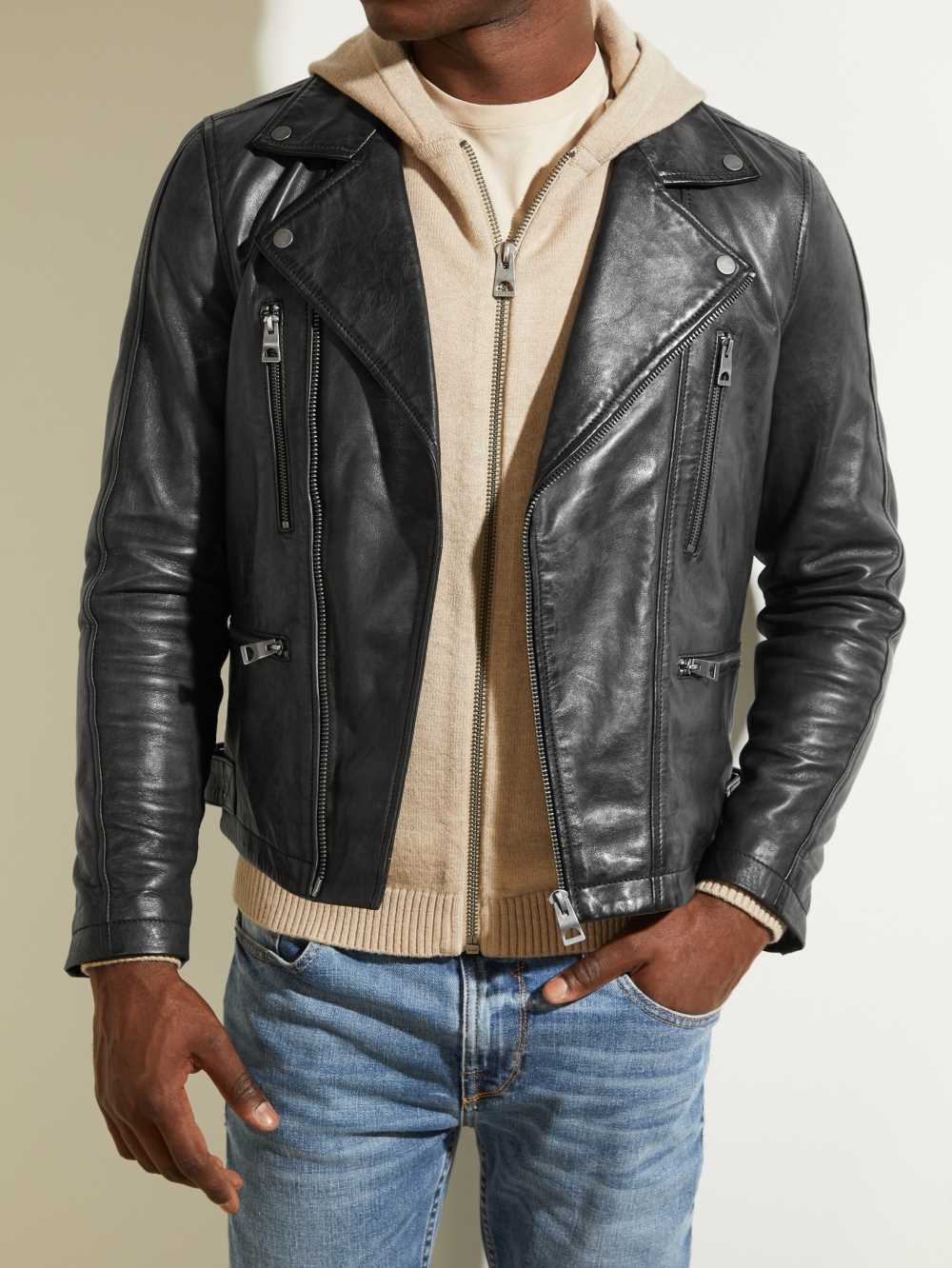 Black Men's Guess Leather Biker Jackets Australia Sale | 318MOPZBU