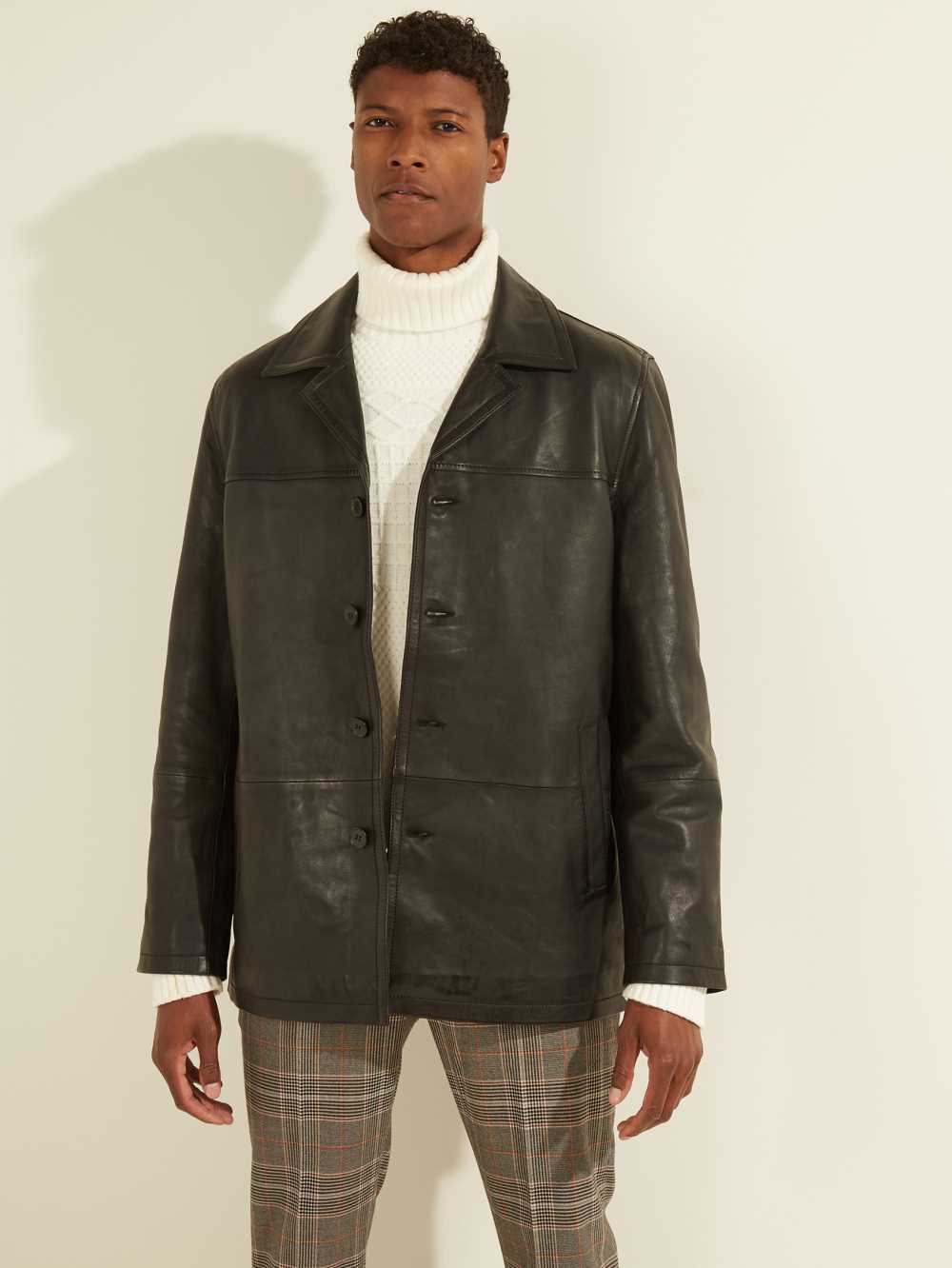 Black Men's Guess Leather Car Coats Australia Sale | 385SJGDQC