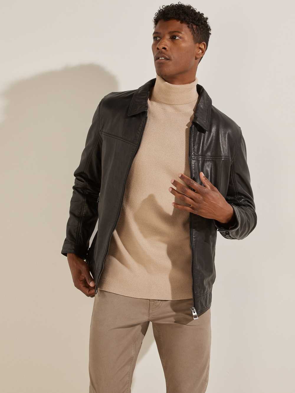 Black Men's Guess Leather Trucker Jackets Australia Sale | 251IVSPYX