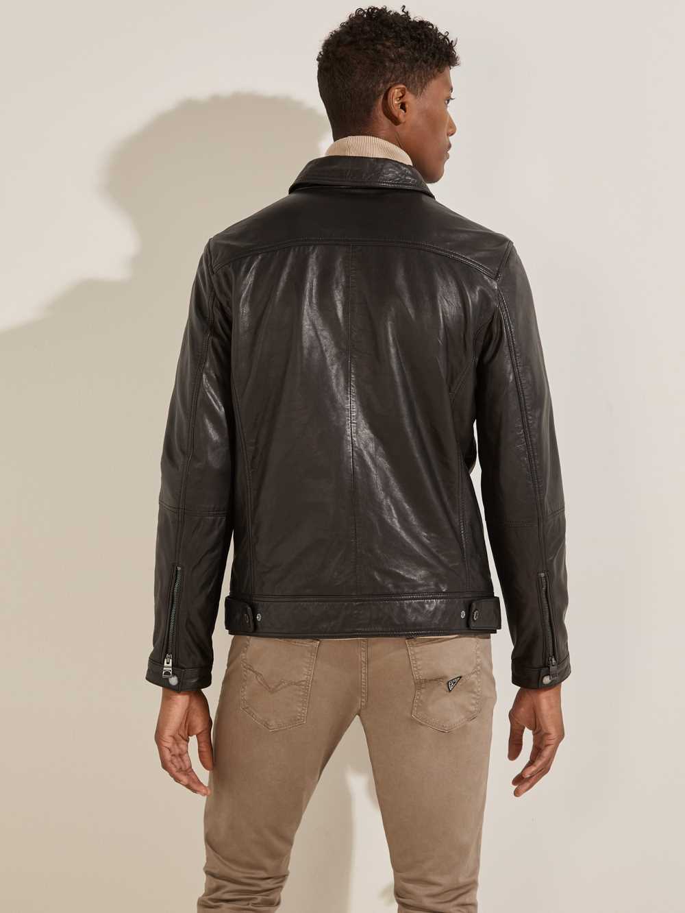 Black Men's Guess Leather Trucker Jackets Australia Sale | 251IVSPYX