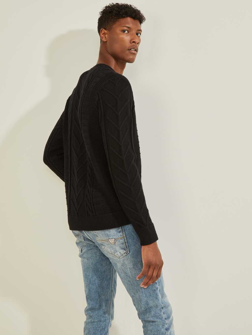 Black Men's Guess Liam Mixed Cable Sweaters Australia Sale | 802ECYUZN