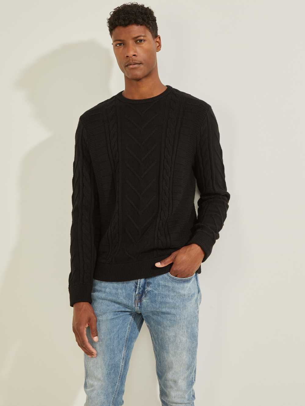 Black Men\'s Guess Liam Mixed Cable Sweaters Australia Sale | 802ECYUZN