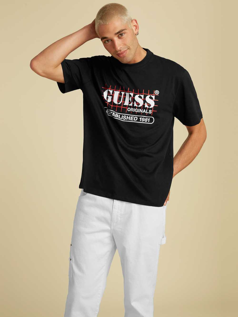 Black Men\'s Guess Originals Grid T-shirt Australia Sale | 357OCUDVJ