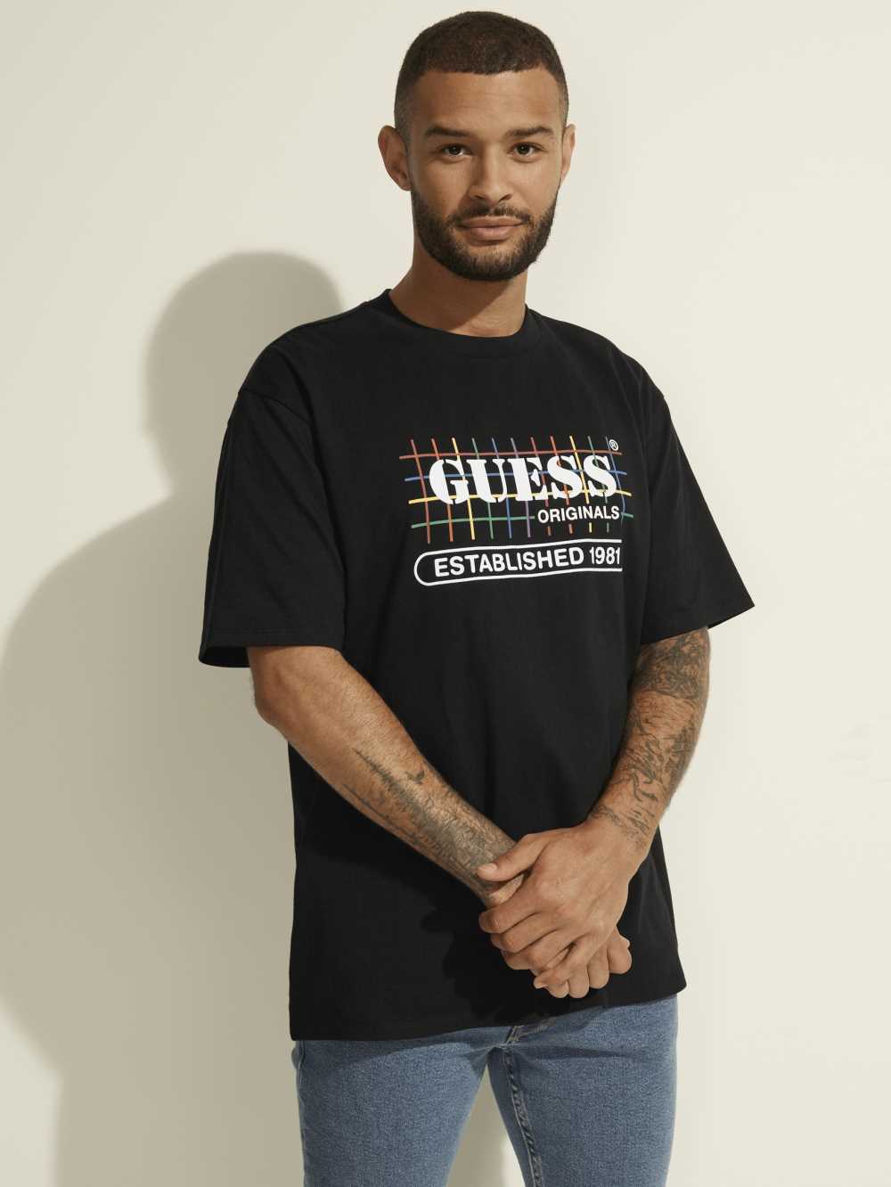 Black Men's Guess Originals Rainbow Grid T-shirt Australia Sale | 947KWDXIP