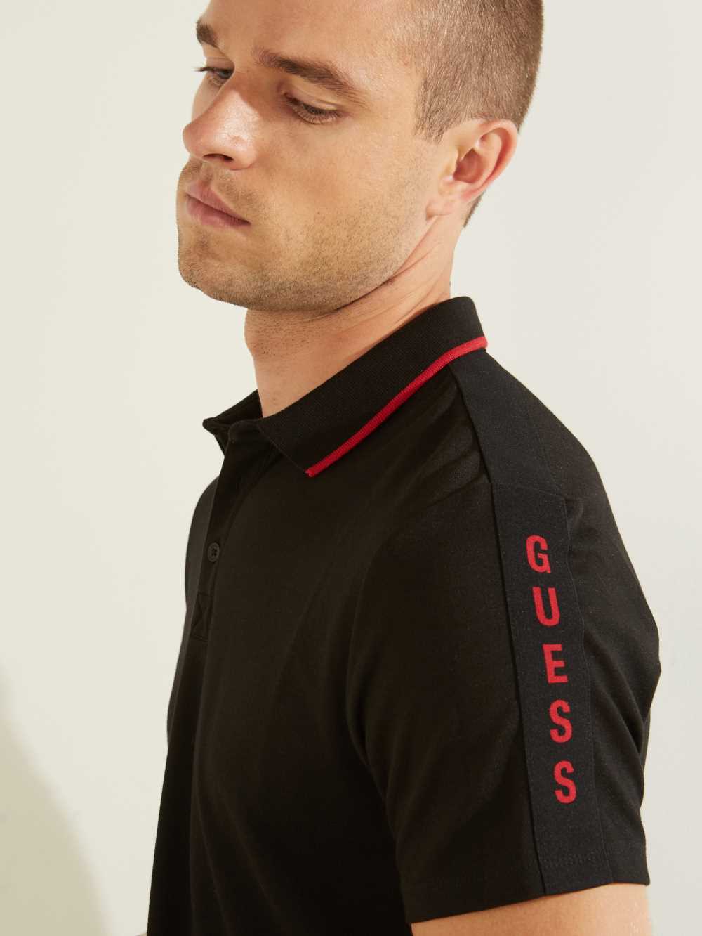 Black Men's Guess Pique Logo-Taping Polo Shirts Australia Sale | 821KHUQYS