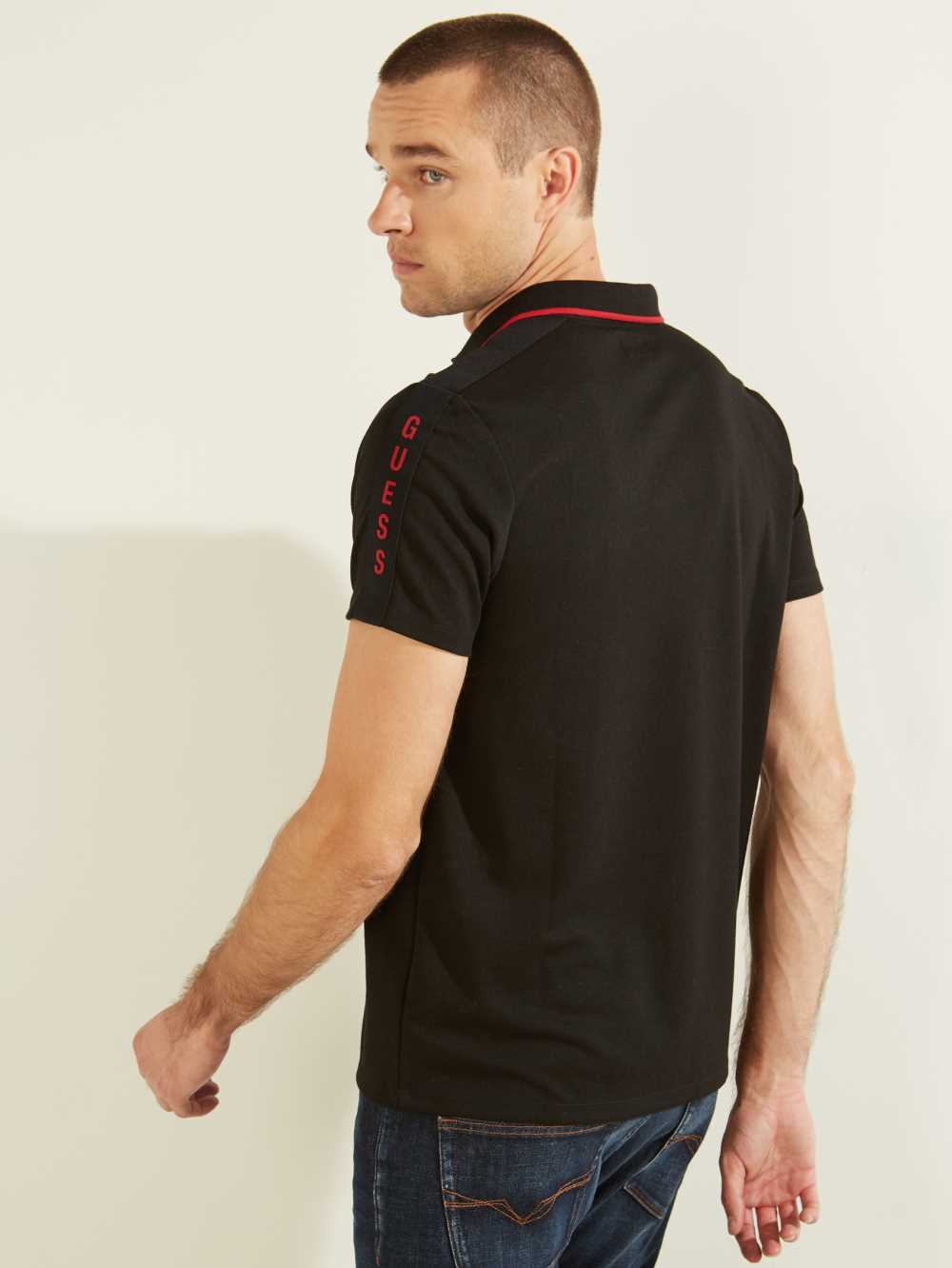 Black Men's Guess Pique Logo-Taping Polo Shirts Australia Sale | 821KHUQYS