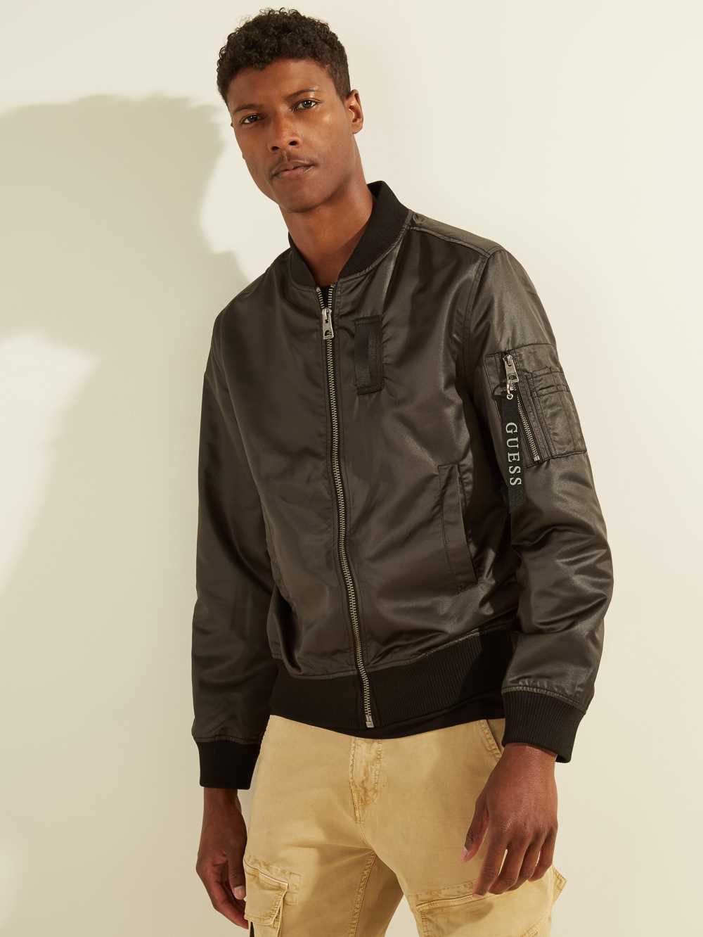 Black Men's Guess Satin Bomber Jackets Australia Sale | 917BAOGER