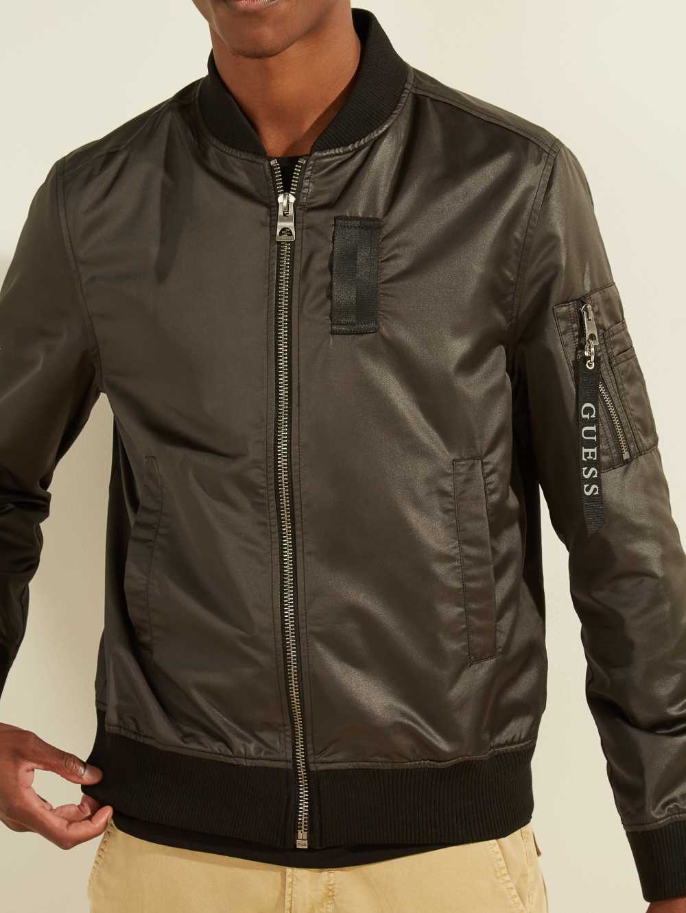 Black Men's Guess Satin Bomber Jackets Australia Sale | 917BAOGER