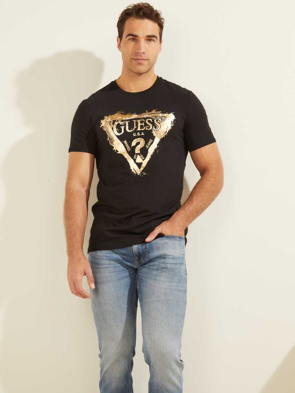 Black Men\'s Guess Splash T-shirt Australia Sale | 640LNDPJG