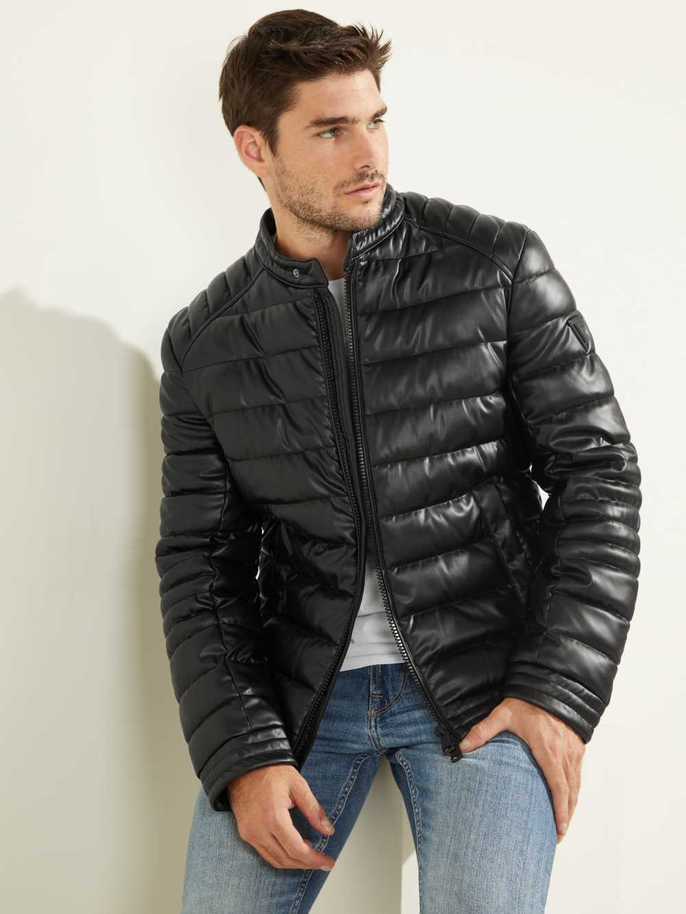 Black Men's Guess Stretch Puffer Jackets Australia Sale | 701OZDEAG