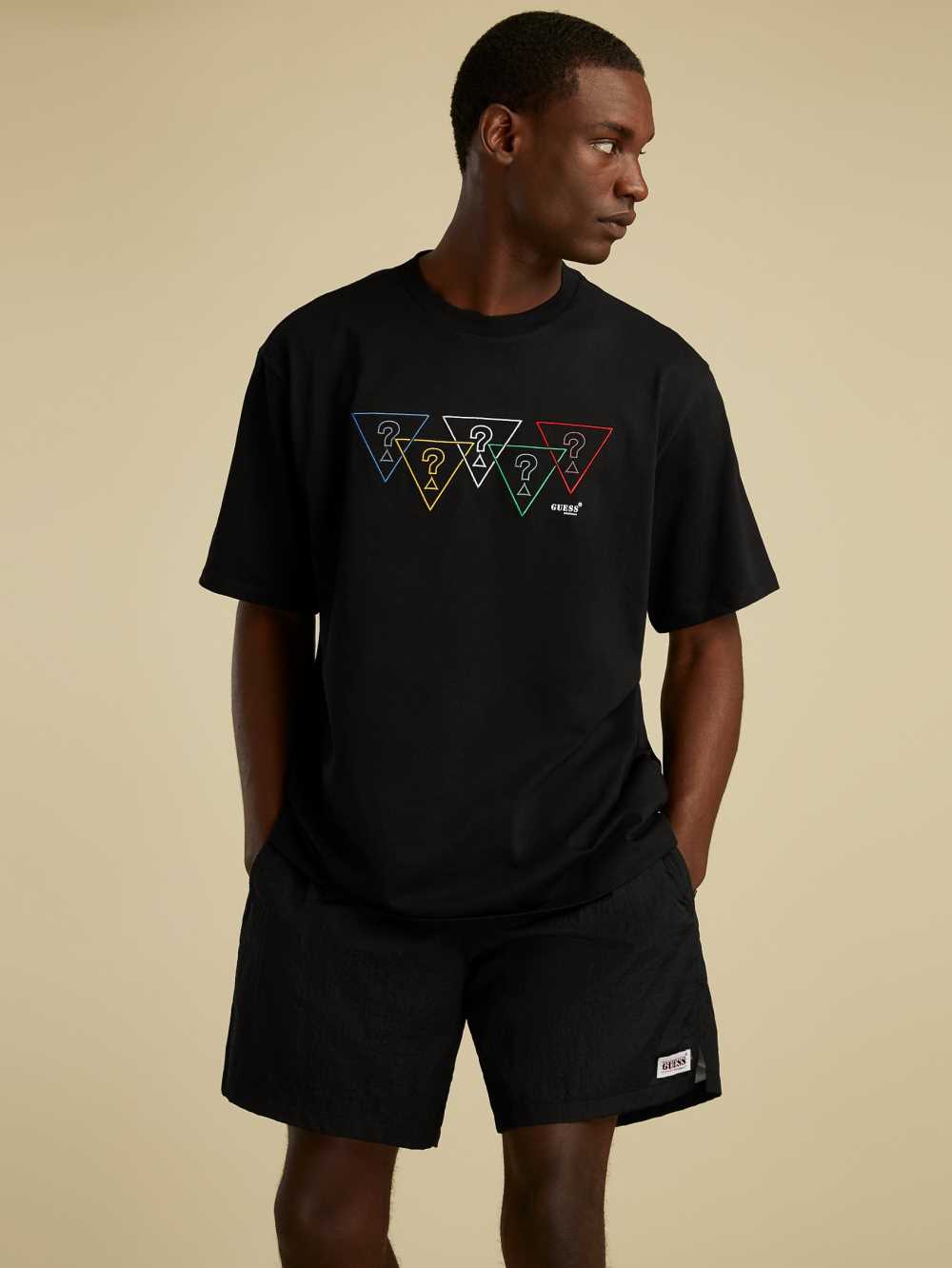 Black Men\'s Guess Summer Games Logo T-shirt Australia Sale | 078PZJHBQ