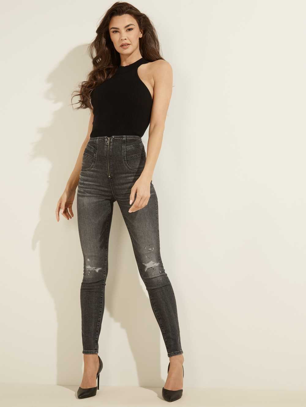 Black White Women's Guess Eco Kat Skinny Jeans Australia Sale | 956BPMOFK