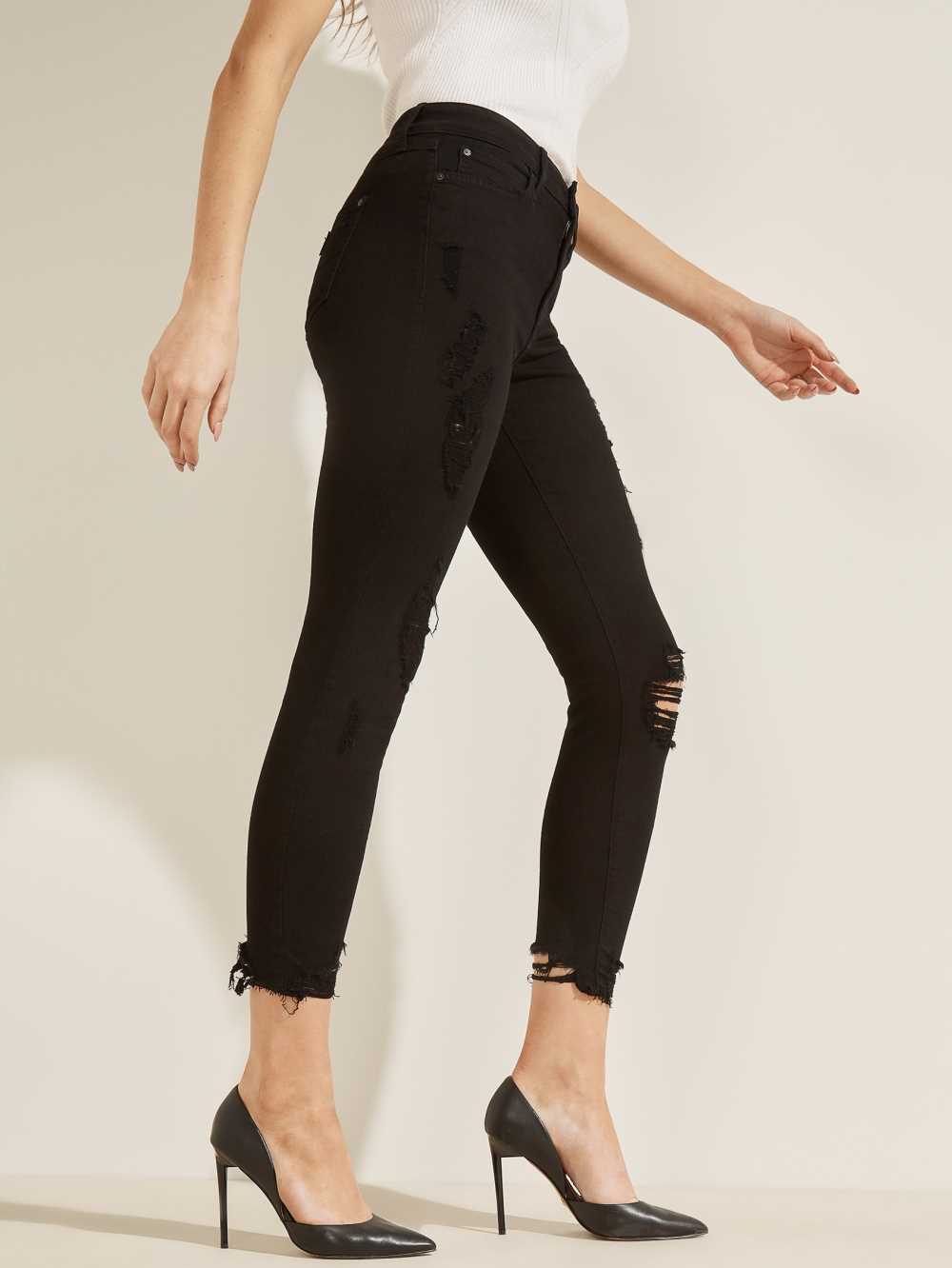 Black Women's Guess 1981 Destroyed High-Rise Skinny Jeans Australia Sale | 745VWQEUI