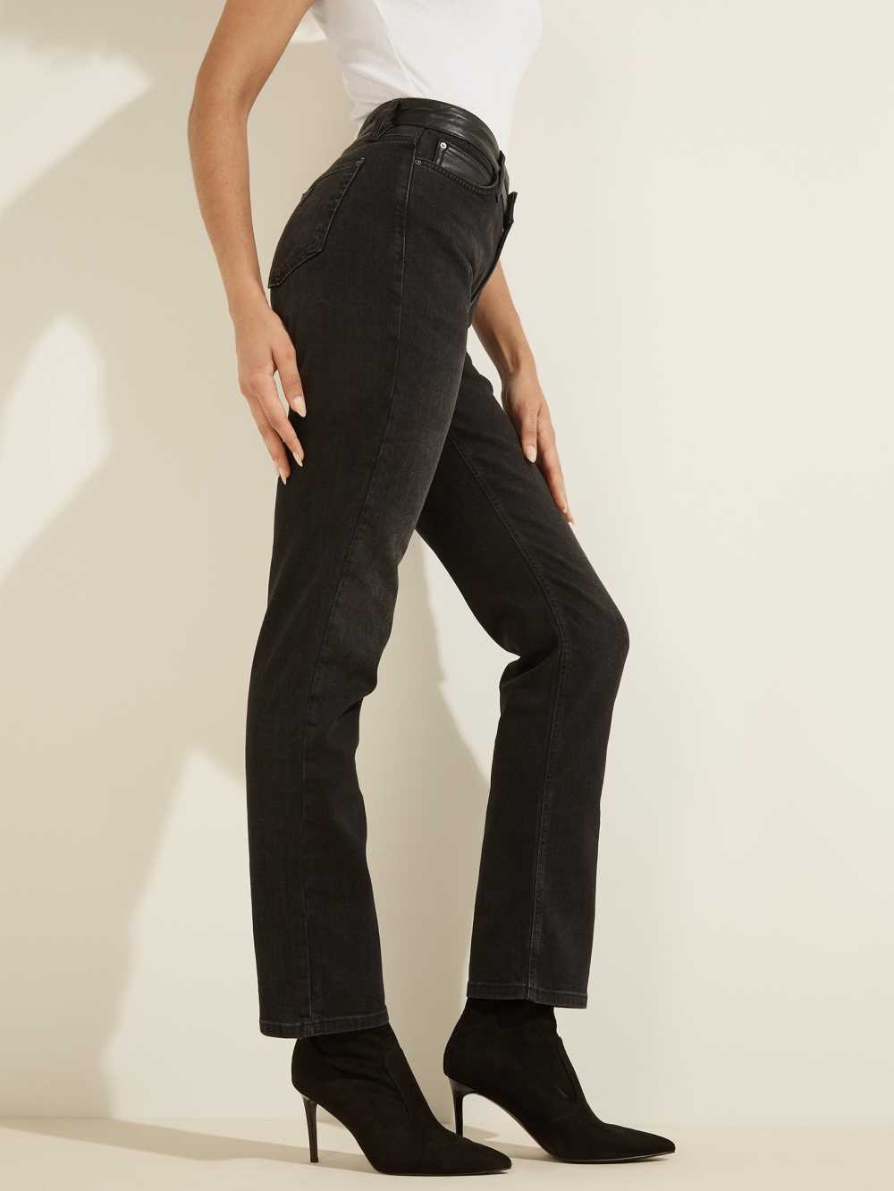 Black Women's Guess 1981 Faux-Leather Waist Straight Jeans Australia Sale | 351IBTNCZ