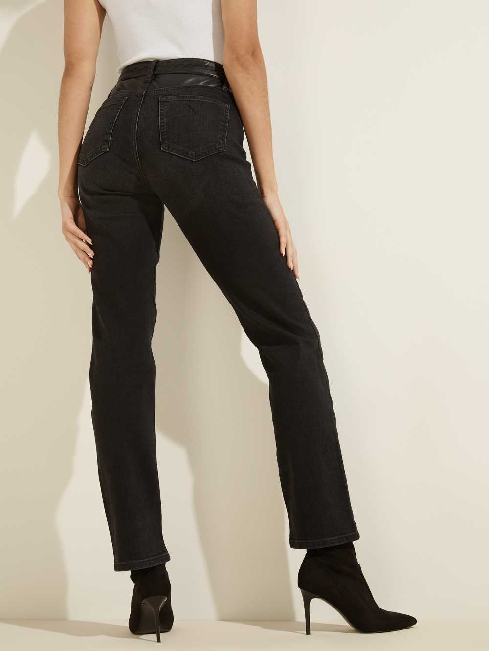 Black Women's Guess 1981 Faux-Leather Waist Straight Jeans Australia Sale | 351IBTNCZ