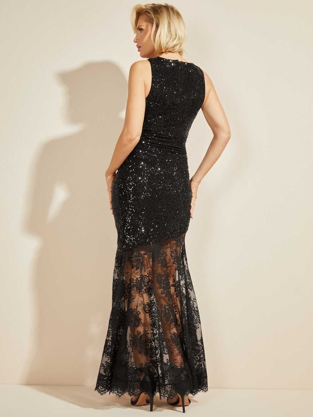 Black Women's Guess Amber Sequin and Lace Gown Dresses Australia Sale | 145KRCEOT