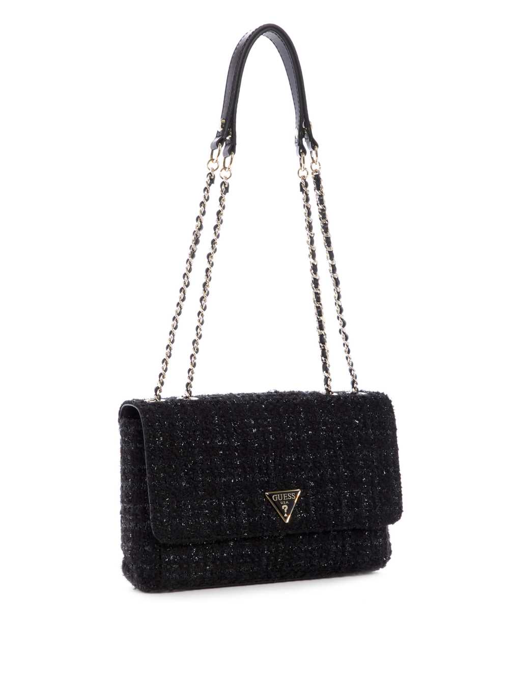 Black Women's Guess Cessily Tweed Convertible Crossbody Bags Australia Sale | 623JWAOMK