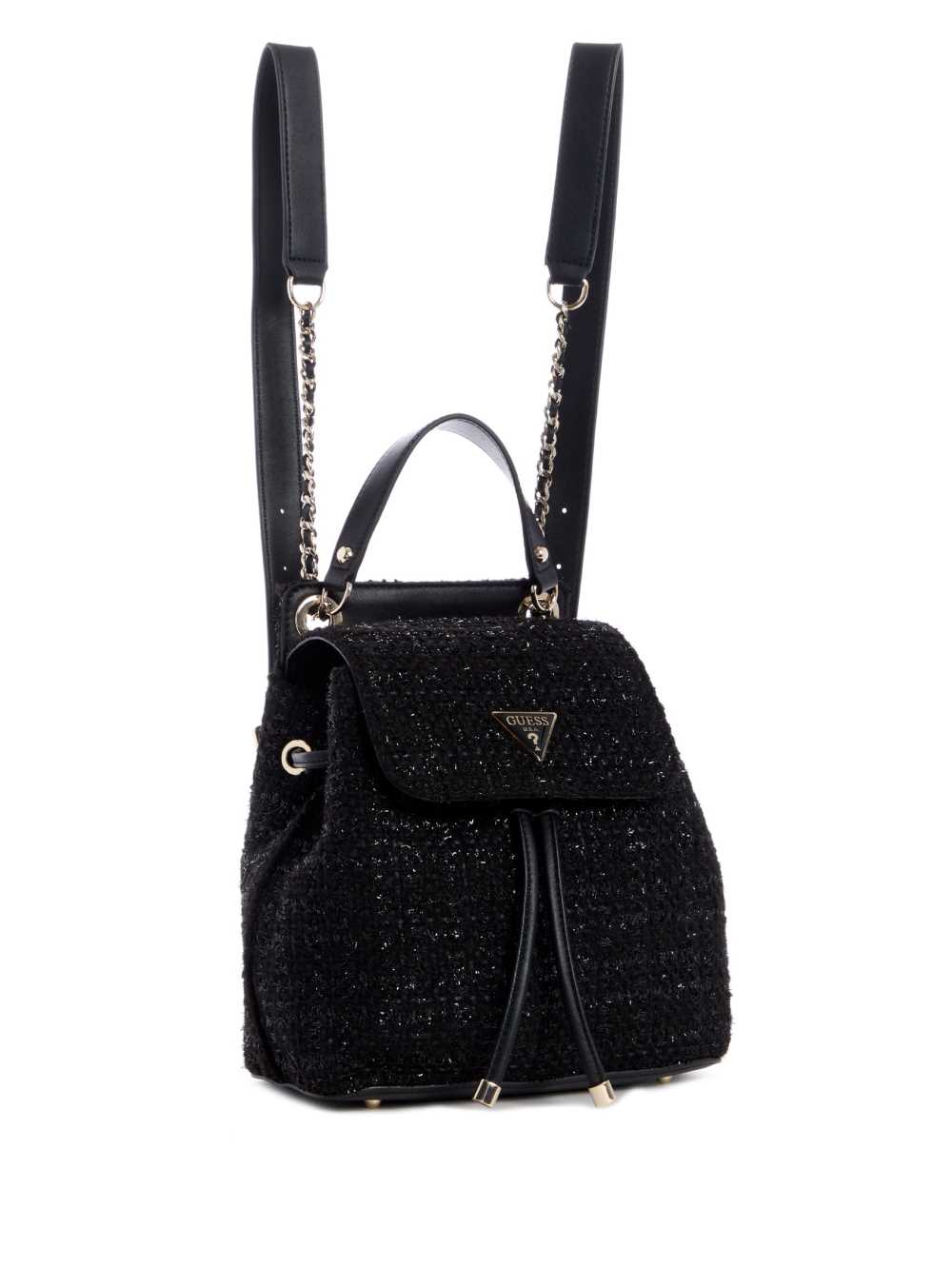 Black Women's Guess Cessily Tweed Flap Backpack Australia Sale | 326KPUYBI