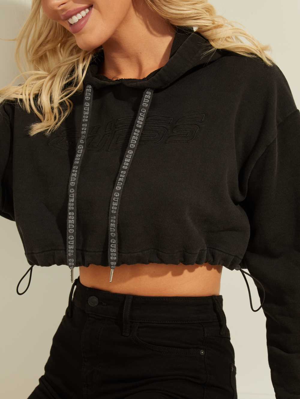 Black Women's Guess Eco Cropped Logo Hoodie Australia Sale | 823NBRYPK