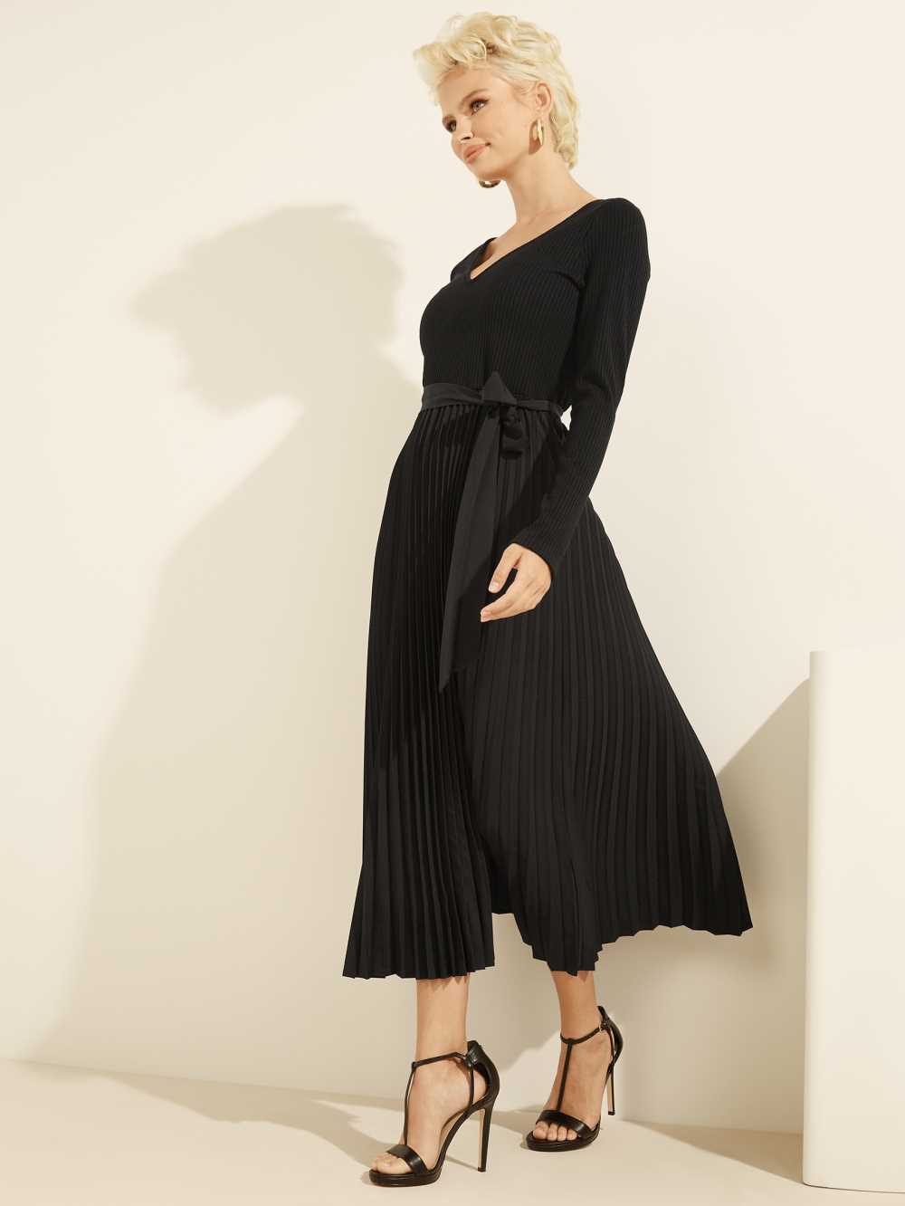 Black Women's Guess Eco Erynn Pleated Long-Sleeve Dresses Australia Sale | 486TPZWKG