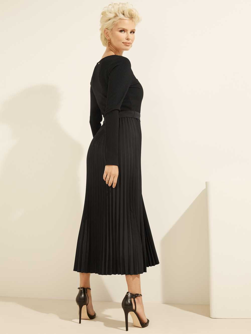 Black Women's Guess Eco Erynn Pleated Long-Sleeve Dresses Australia Sale | 486TPZWKG