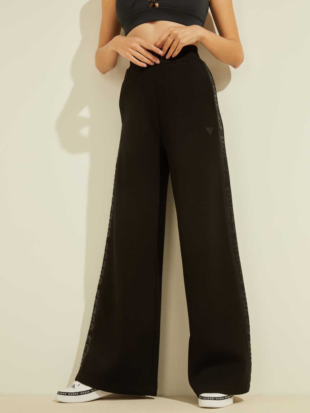 Black Women\'s Guess Eco Logo Tape Scuba Wide-Leg Pants Australia Sale | 261QXUNZG