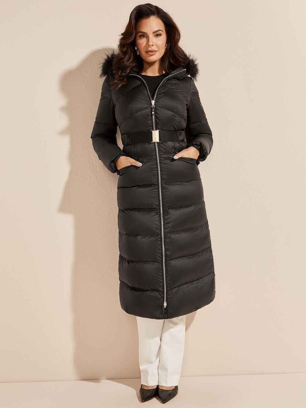 Black Women's Guess Elin Longline Down Jackets Australia Sale | 072MZOXED