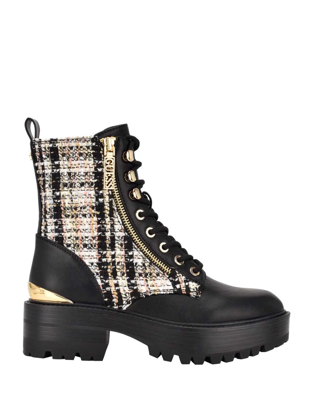 Black Women's Guess Fearne Tweed Combat Boots Australia Sale | 697XVKULD