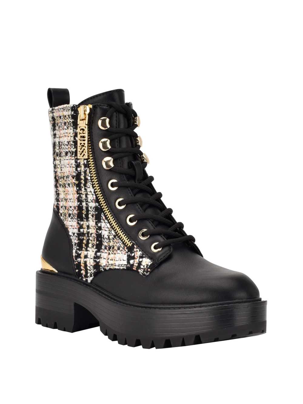 Black Women\'s Guess Fearne Tweed Combat Boots Australia Sale | 697XVKULD