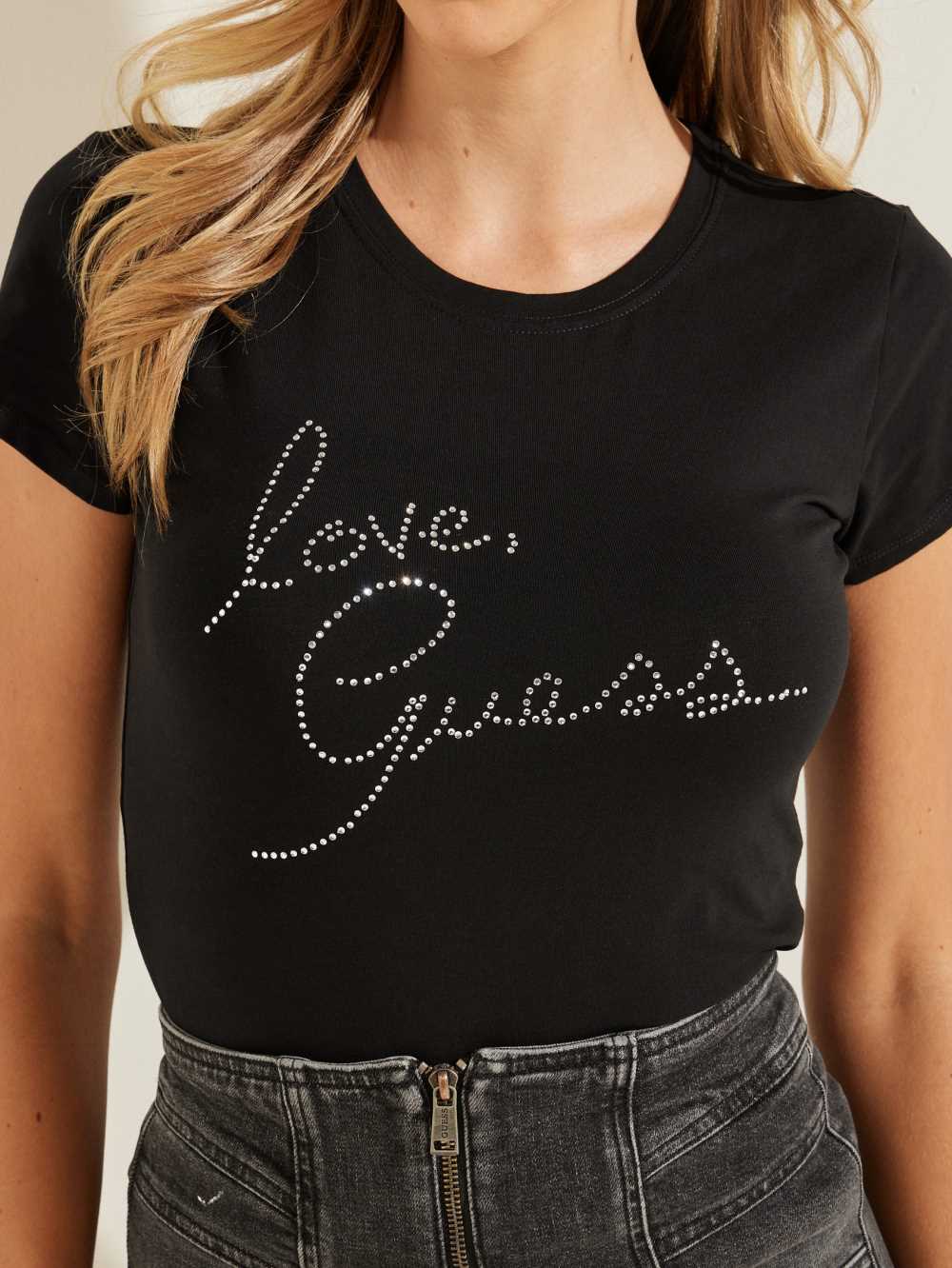 Black Women's Guess Love Rhinestone T-shirt Australia Sale | 329ZFNOXW