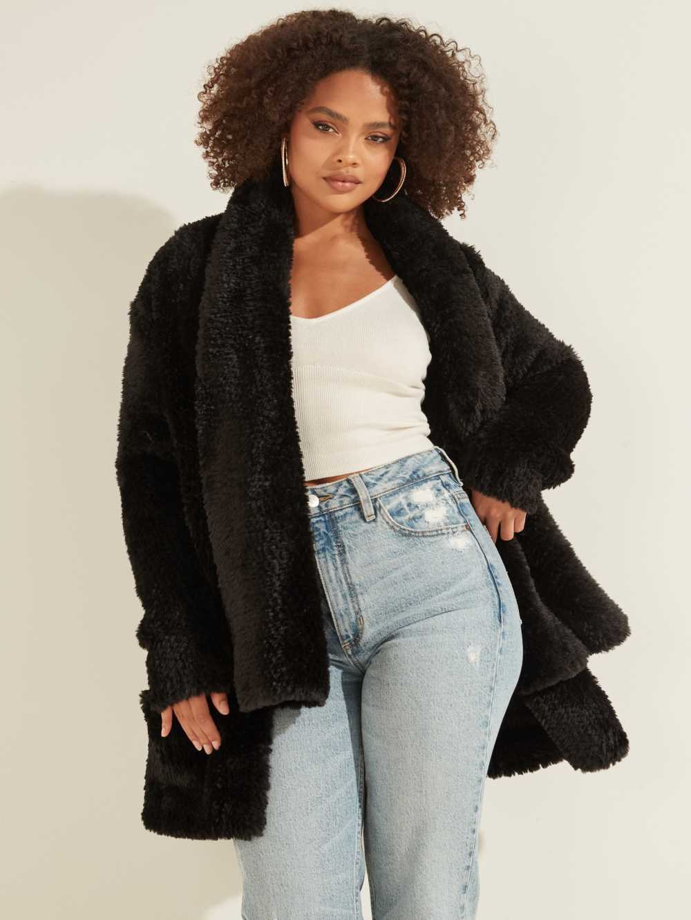 Black Women\'s Guess Rebecca Faux-Fur Jackets Australia Sale | 518PFCMZW