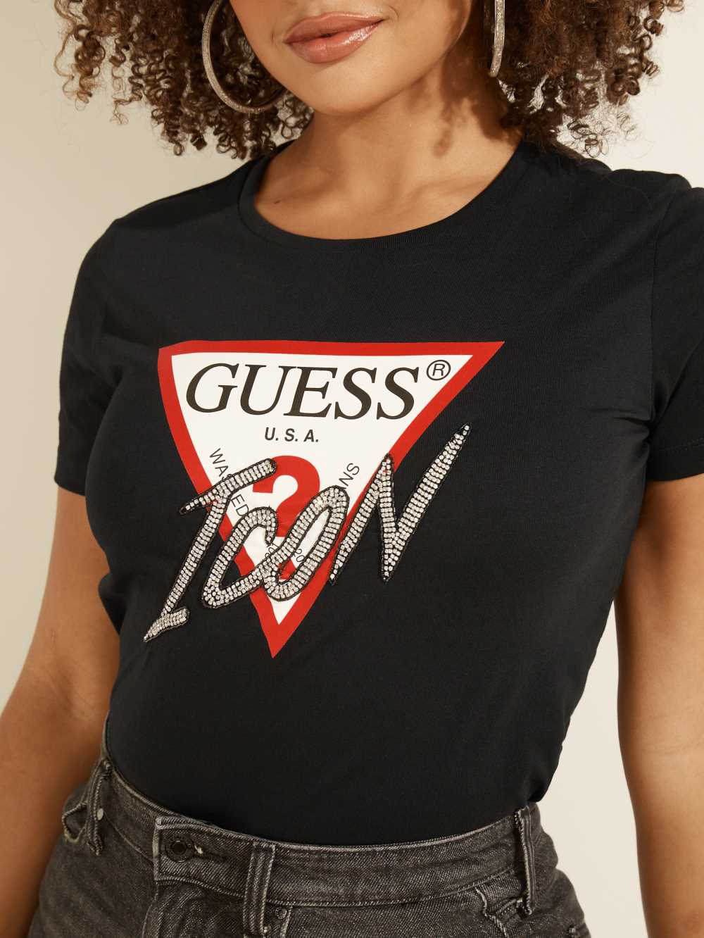 Black Women's Guess Rhinestone Icon T-shirt Australia Sale | 273NXTUBC