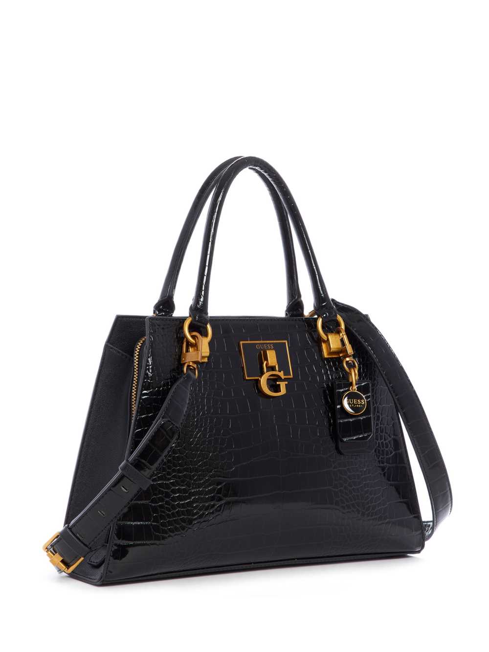 Black Women's Guess Stephi Croc Girlfriend Satchel Bags Australia Sale | 107XEOQNY