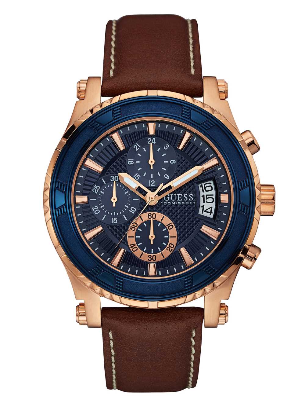 Blue Brown Men\'s Guess Brown and Rose Gold-Tone Leather Sport Watches Australia Sale | 024DVGBKQ