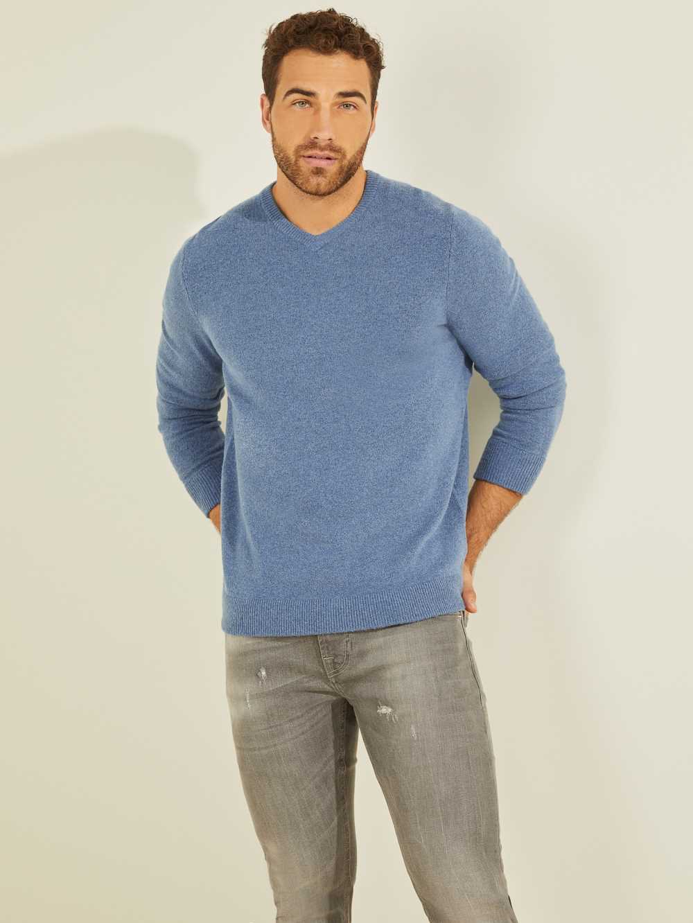 Blue Men\'s Guess Esmere Wool-Blend V-Neck Sweaters Australia Sale | 291JPRAGM